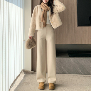 秋冬新款小个子毛呢直筒裤保暖加绒显瘦145高腰宽松休闲九分长裤