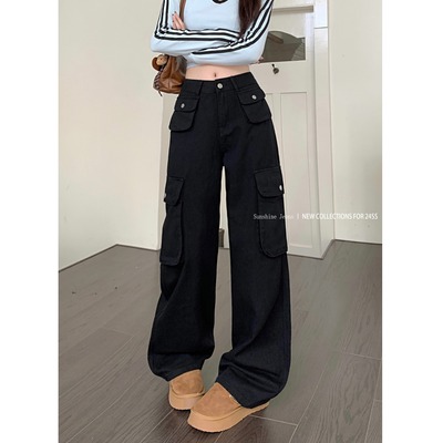 小个子145cm美式复古黑色工装裤女150高腰直筒宽松阔腿牛仔长裤xs