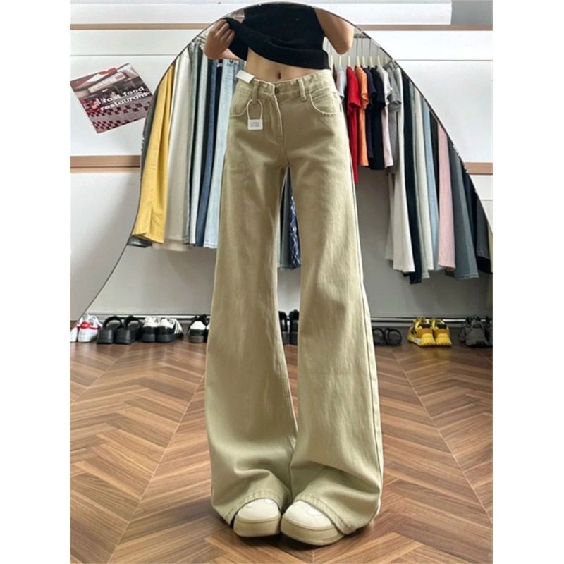 小个子卡其色宽松微喇牛仔裤145CM显高低腰显瘦直筒喇叭拖地裤XS
