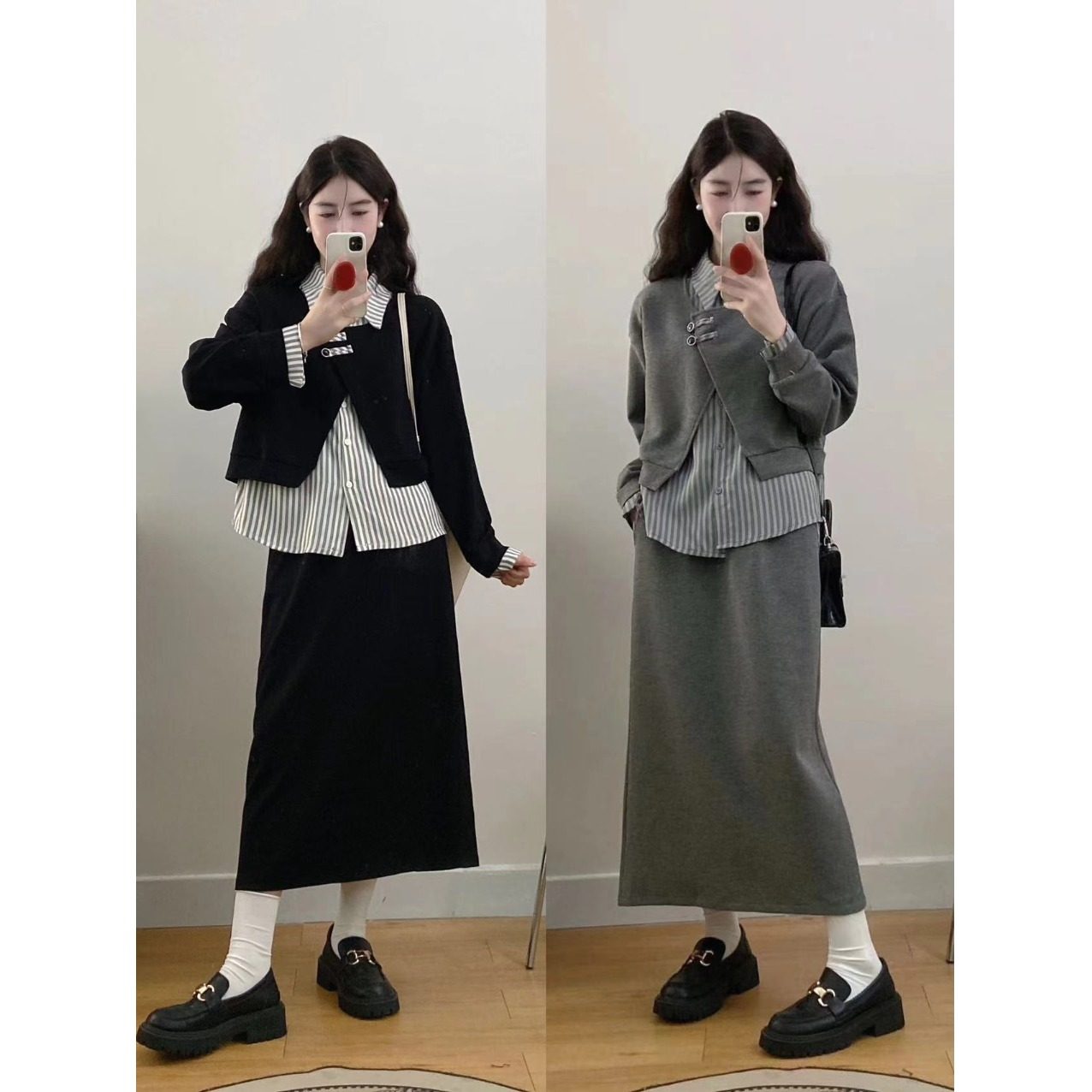 145矮小个子150设计感套装宽松假两件卫衣垂感高腰半身裙两件套xs