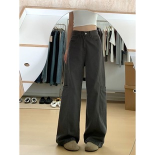 矮小个子美式复古灰色直筒工装牛仔裤145CM高腰宽松休闲阔腿长裤