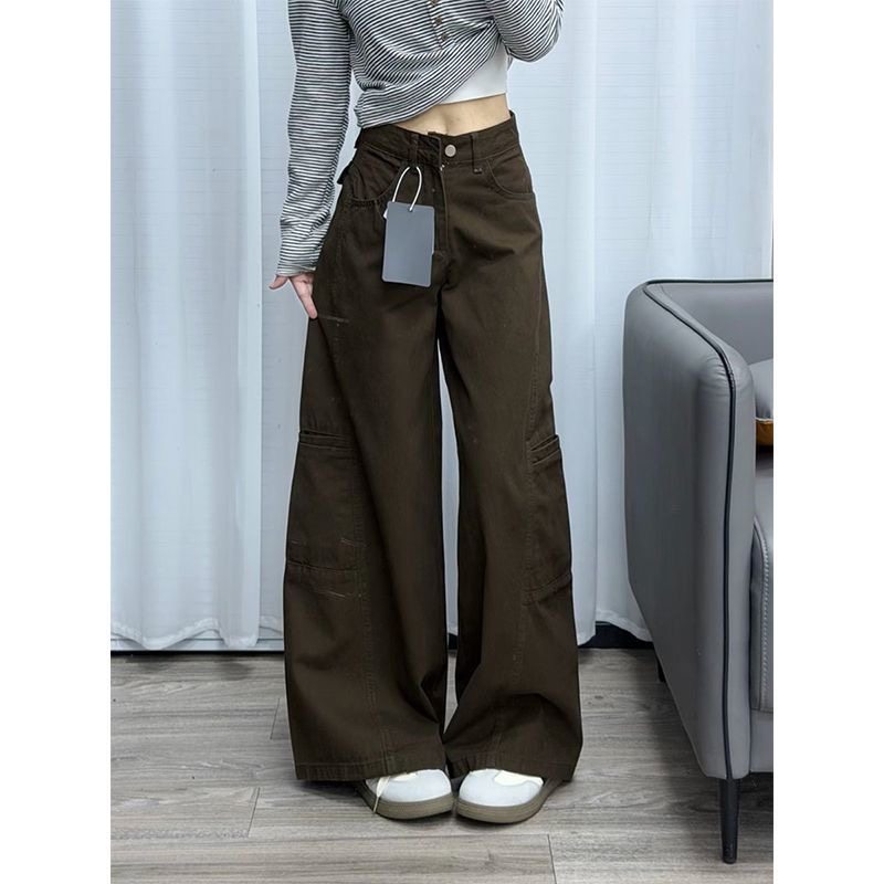 小个子美式复古咖色阔腿牛仔裤百搭145CM高腰宽松直筒休闲工装裤