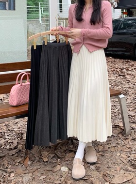 矮小个子杏色毛呢半身裙145CM高腰设计感加厚百褶裙中长款a字半裙