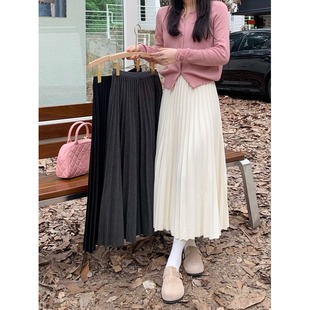 矮小个子杏色毛呢半身裙145CM高腰设计感加厚百褶裙中长款a字半裙