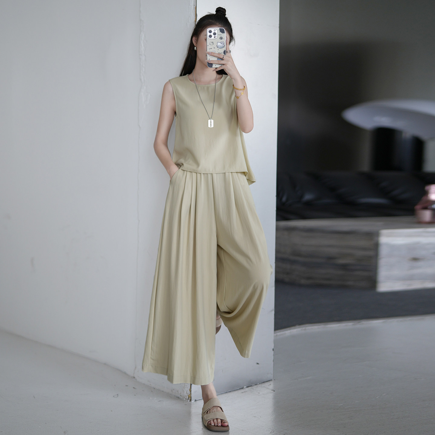 矮小个子夏季休闲套装背心上衣宽松凉感阔腿裤百搭显瘦两件套XS女