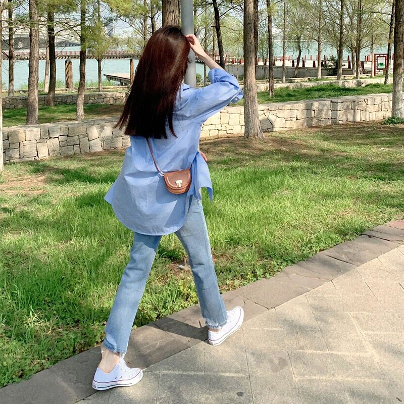 145小个子蓝色防晒衬衫女150韩系慵懒风宽松上衣设计感小众衬衣xs