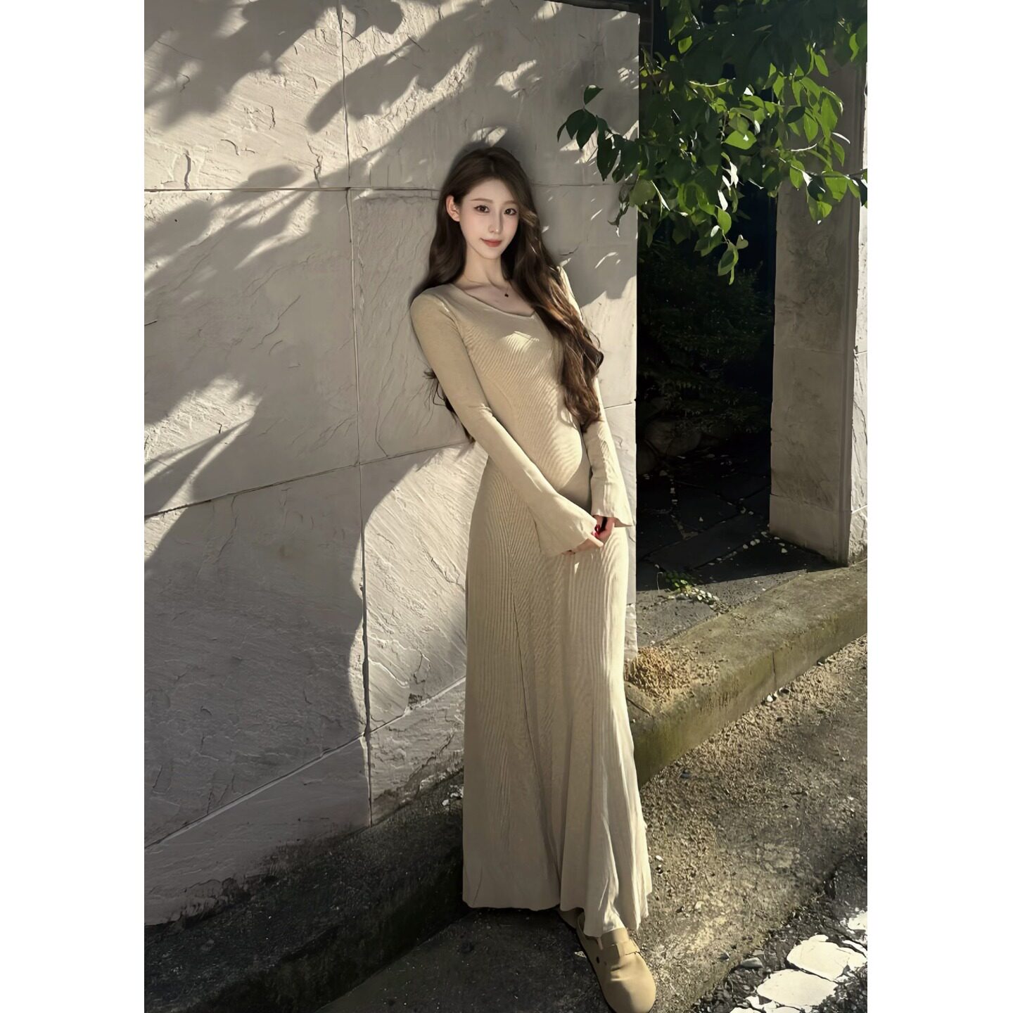 145小矮个子V领长袖连衣裙法式高级感内搭修身显瘦A字针织裙xs女