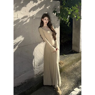 显瘦A字针织裙xs女 高级感内搭修身 145小矮个子V领长袖 连衣裙法式