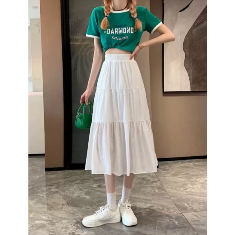 小个子半身裙女150高腰白色雪纺a字裙蛋糕裙百搭中长款裙子XS码夏