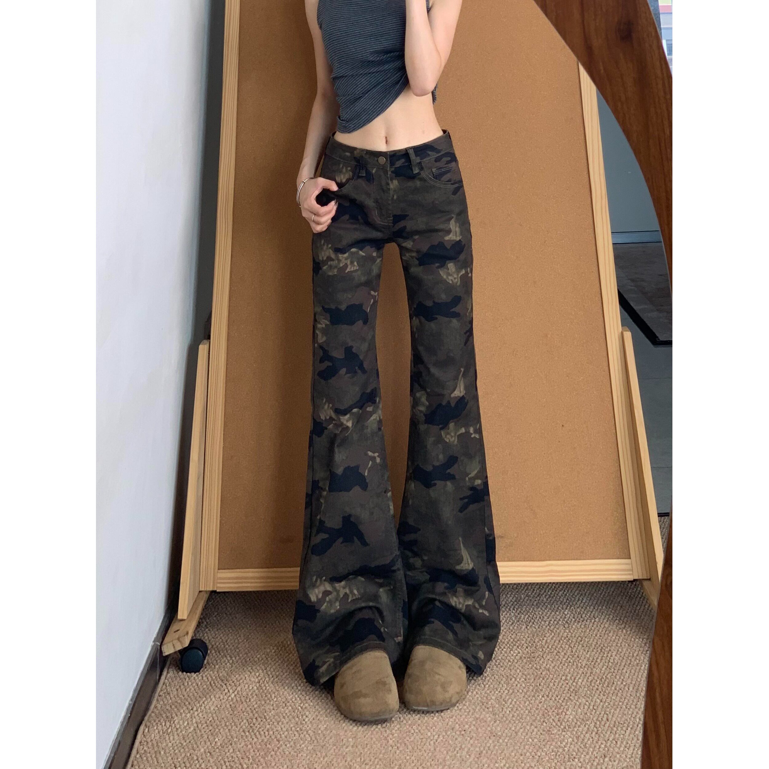 小个子美式迷彩微喇低腰牛仔裤女夏季复古显瘦垂感不贴腿喇叭裤XS
