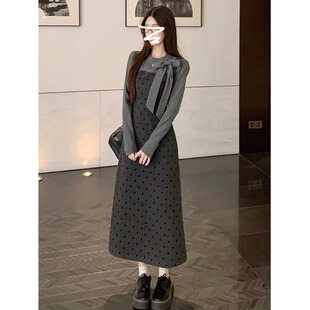 早秋miu系穿搭150矮小个子145cm秋冬修身假两件连衣裙长裙女xs码