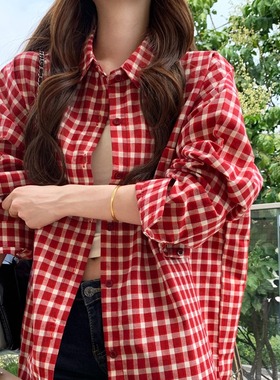 小个子150cm复古红色格子衬衫2025韩系设计感宽松慵懒风防晒外套