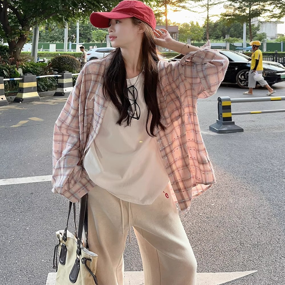 小个子150cm格子衬衫减龄百搭粉色防晒衫设计感polo领上衣女夏xs