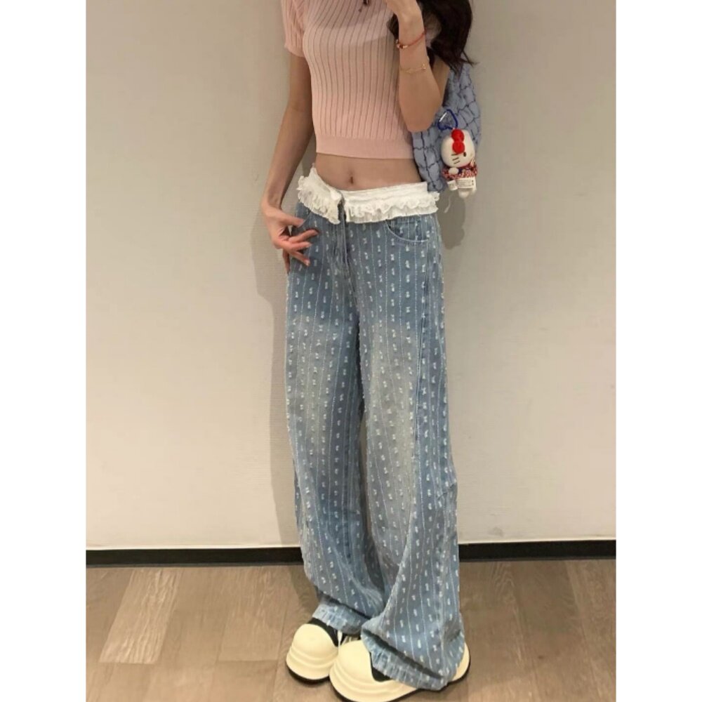 小个子蕾丝花边拼接阔腿牛仔裤提花设计感弯刀阔腿裤女2026夏新款