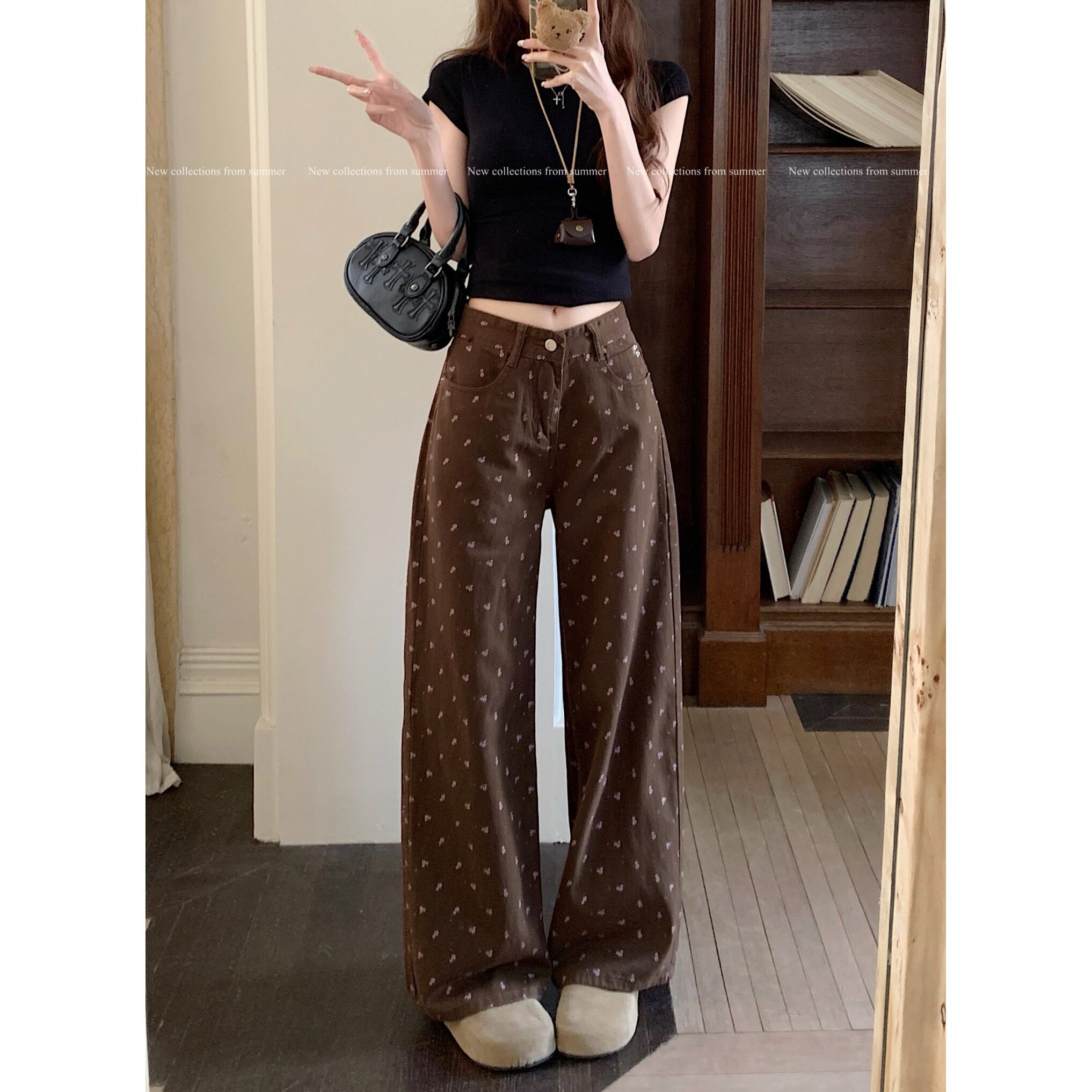 小个子美式复古碎花牛仔裤145cm高腰宽松显瘦休闲直筒阔腿裤潮XS