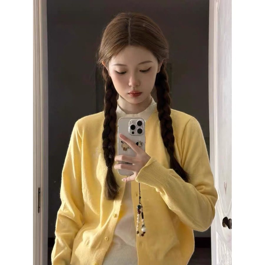 145小个子拼色假两件针织开衫女150慵懒风长袖短款毛衣外套xs秋冬