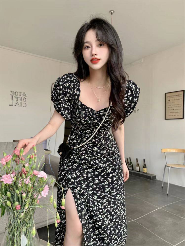 小个子法式方领茶歇碎花连衣裙女