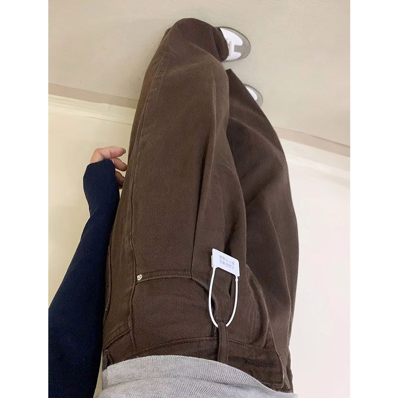 145小个子美拉德棕色裤子女梨形身材高腰直筒阔腿牛仔裤九分xs码