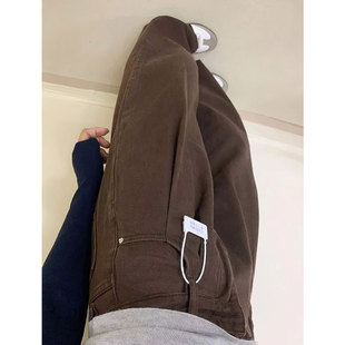 145小个子美拉德棕色裤子女梨形身材高腰直筒阔腿牛仔裤九分xs码