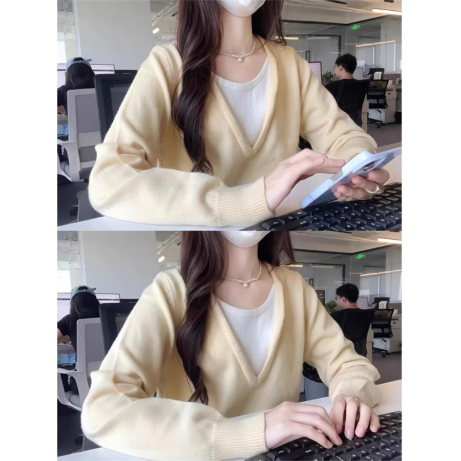小个子150黄色假两件V领长袖针织衫毛衣韩系chic别致独特上衣xs码