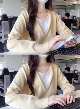 小个子150黄色假两件V领长袖针织衫毛衣韩系chic别致独特上衣xs码