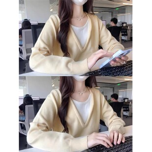 小个子150黄色假两件V领长袖针织衫毛衣韩系chic别致独特上衣xs码