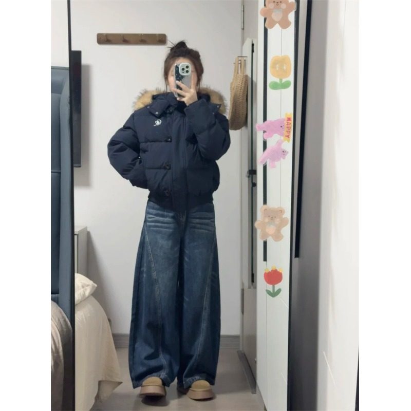 小个子美式高街水洗阔腿牛仔裤145CM显高高腰宽松垂感直筒拖地裤