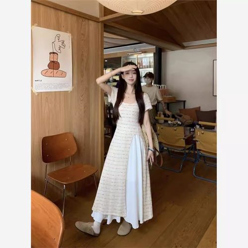 小个子145彩色点点开叉连衣裙女150夏季温柔叠穿A字裙长裙两件套