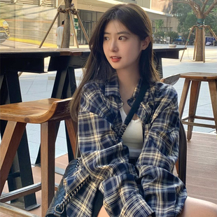 150小个子格子长袖衬衫女秋冬季衬衣内搭打底衫法式复古上衣xs码