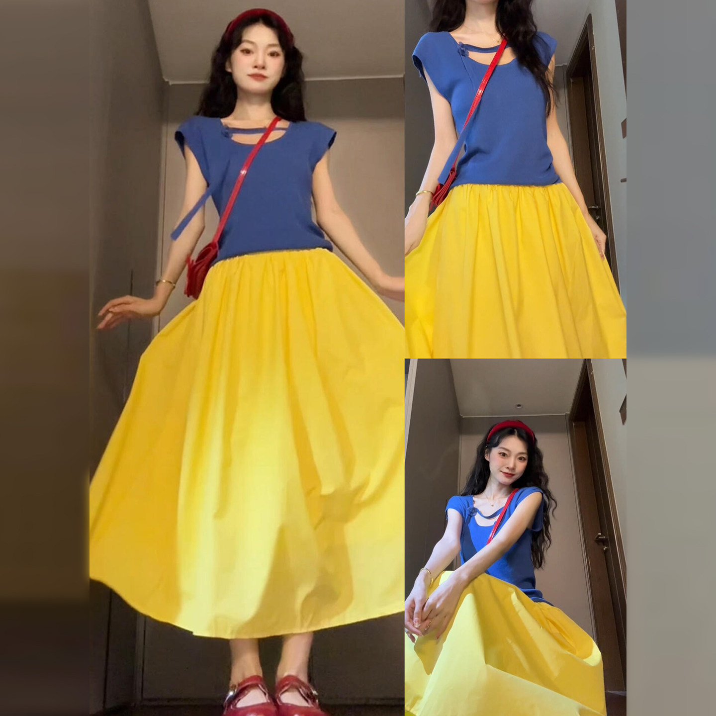 小矮个子150设计感蓝色系带针织短袖上衣黄色半身裙套装女xs码夏