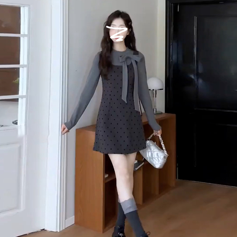 减龄穿搭小个子假两件长袖连衣裙145CM甜美风减龄蝴蝶结显瘦A字裙