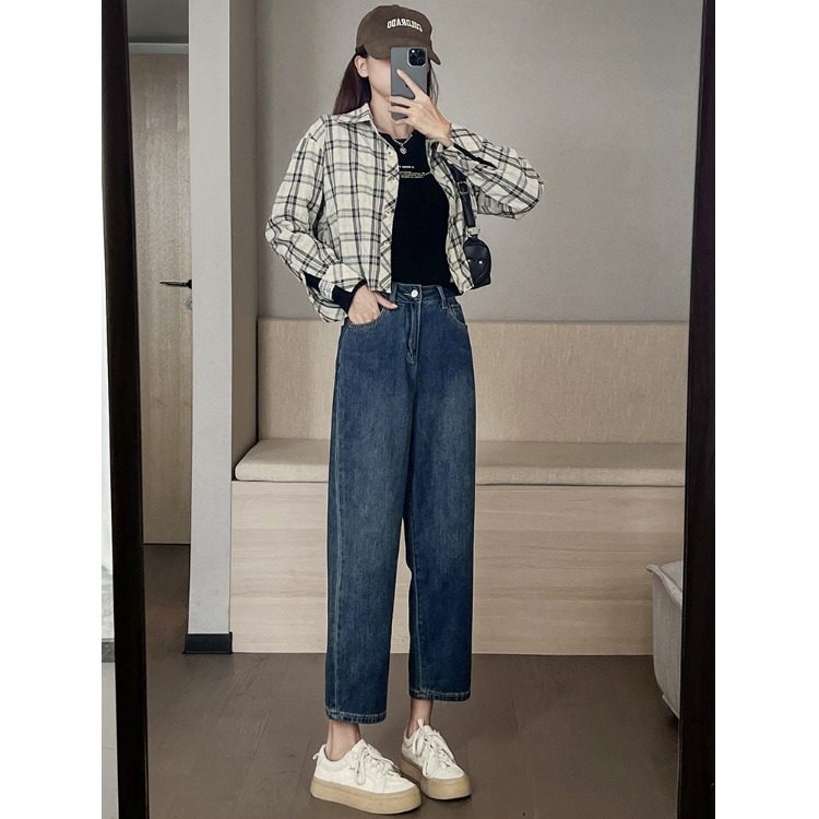 秋季新款牛仔裤女小个子八分九分高腰显瘦老爹直筒阔腿裤