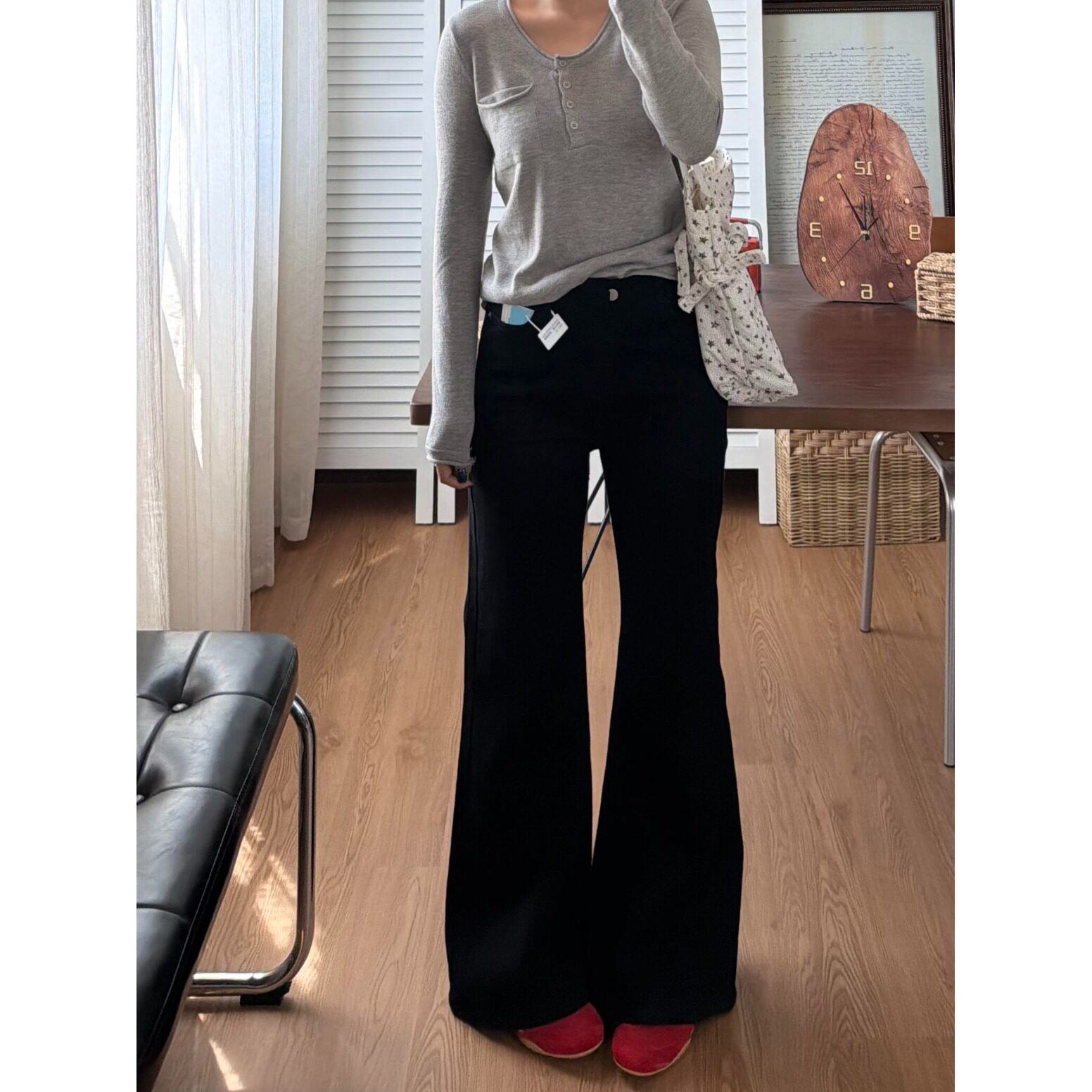 小个子美式复古黑色阔腿牛仔裤百搭显瘦150cm低腰微喇裤垂感长裤