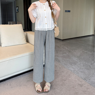 小个子格子阔腿裤夏季薄款145显高高腰直筒裤宽松显瘦八分休闲裤