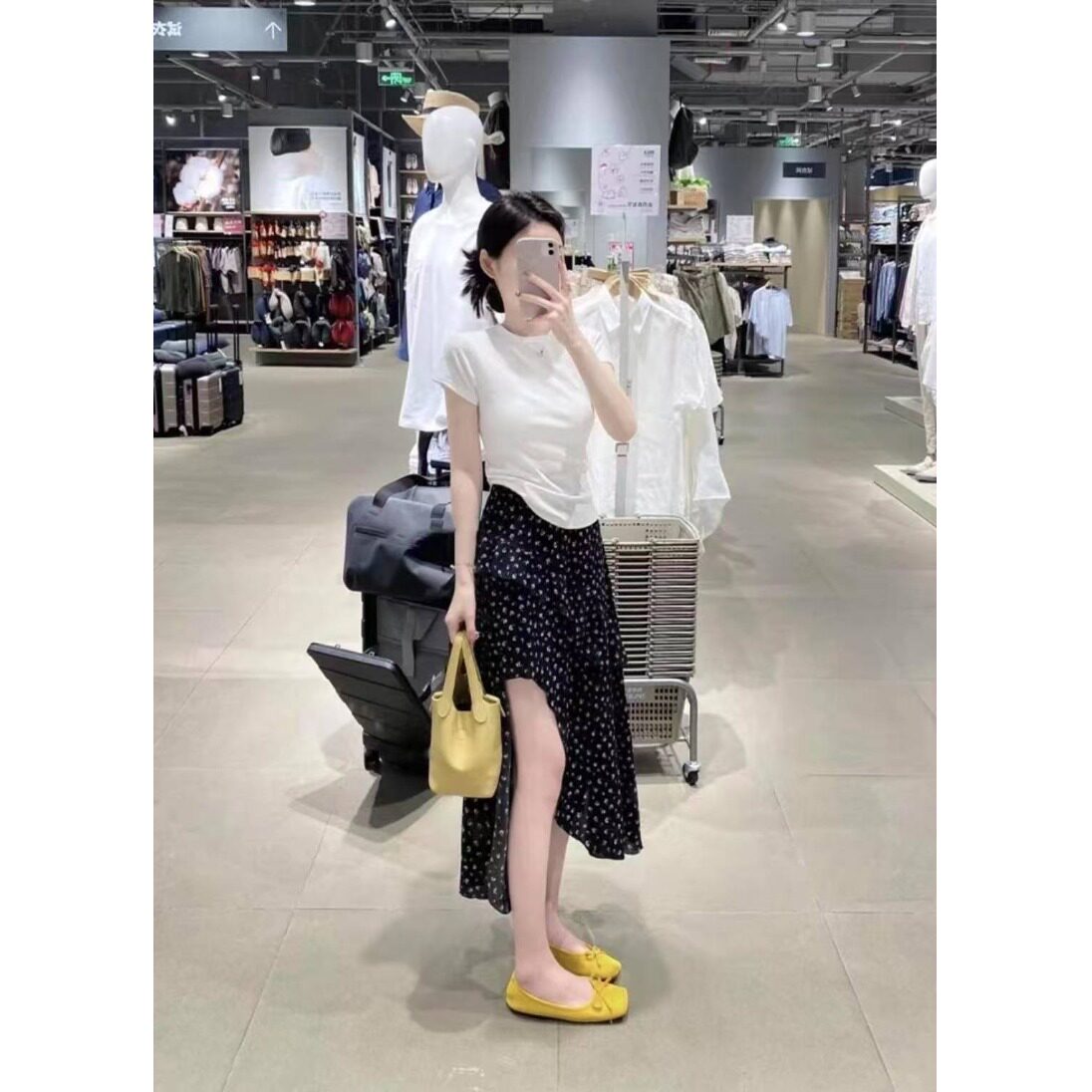 夏季新款小个子设计感不规则半身裙150CM韩系黑色碎花中长裙XS女