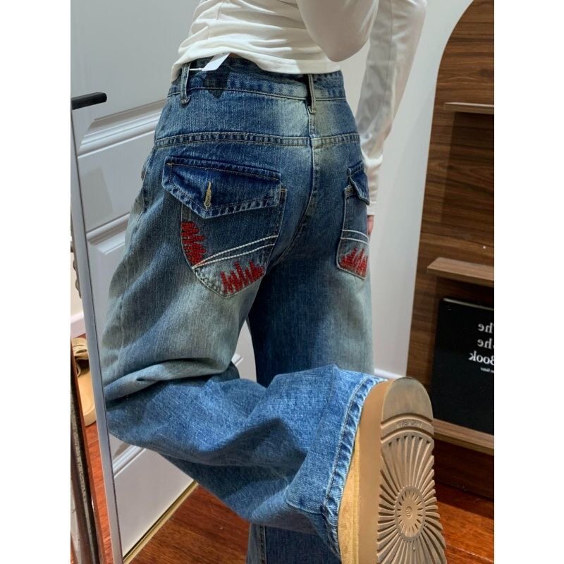 韩系chic感裤子小个子高腰阔腿直筒牛仔裤刺绣设计感小众女薄款夏