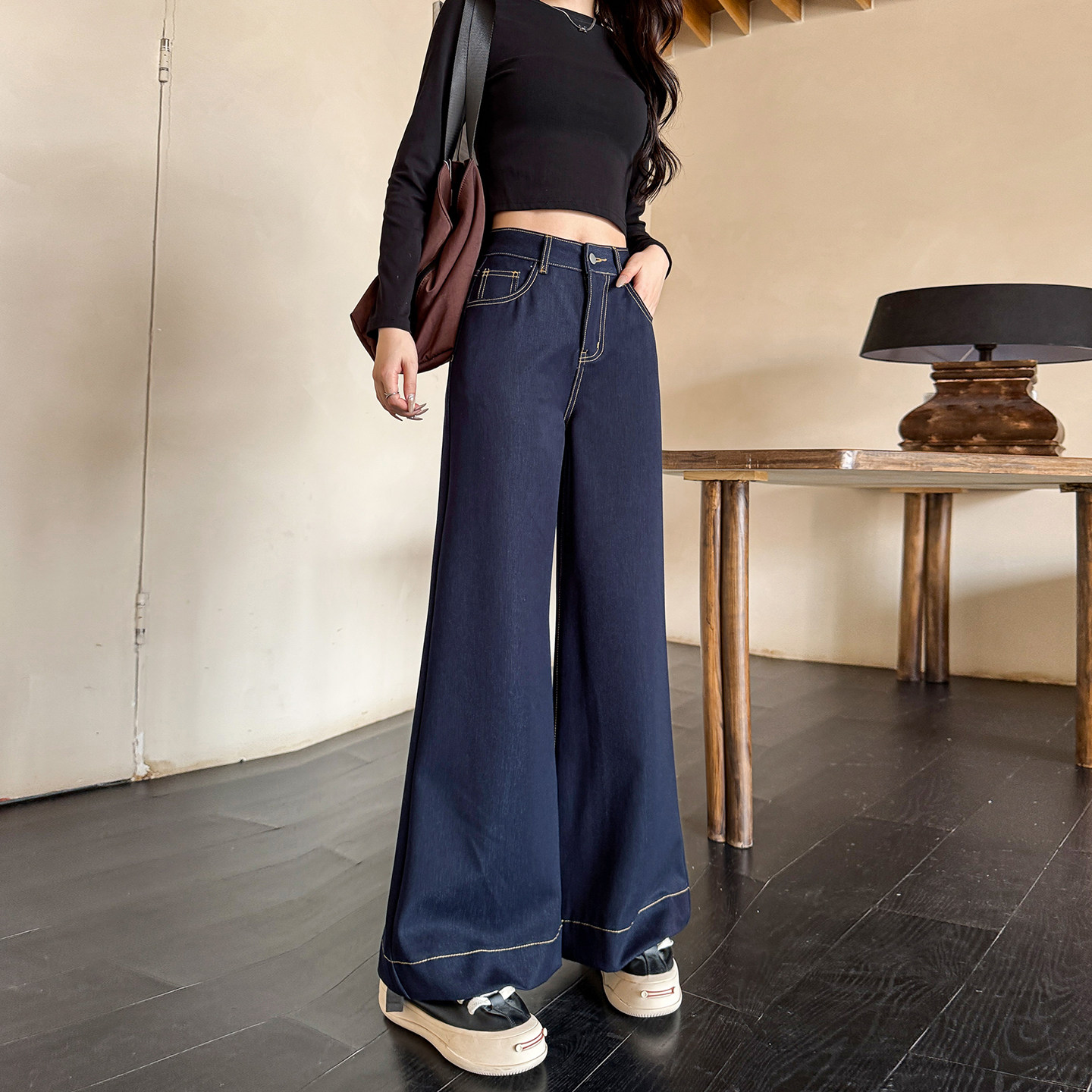 秋季新款150cm小个子藏青蓝阔腿牛仔裤高腰显高宽松直筒微喇裤XXS