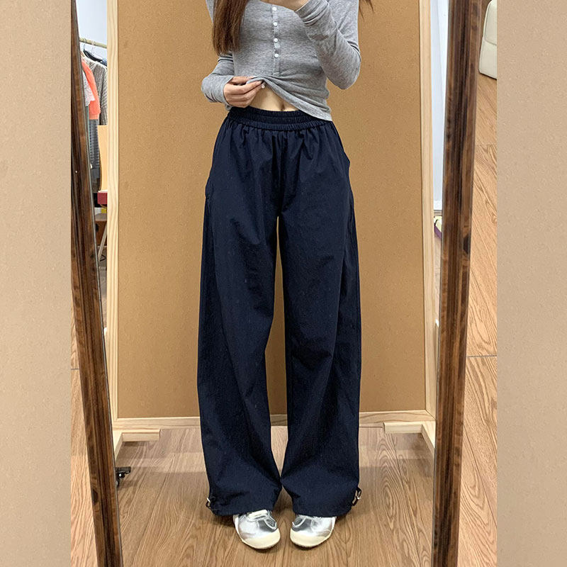 显瘦穿搭小个子藏青色速干工装休闲裤150高腰宽松直筒阔腿拖地裤