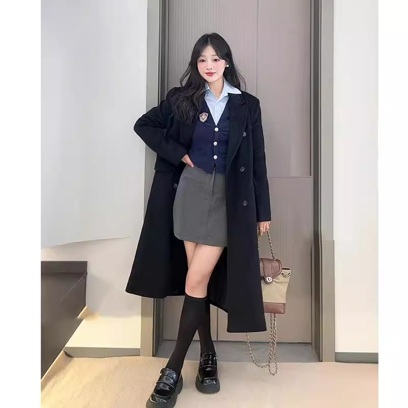 小个子145韩系毛呢外套黑色呢子大衣女150秋冬高级感中长款xs显高