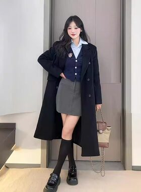 小个子145韩系毛呢外套黑色呢子大衣女150秋冬高级感中长款xs显高