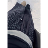 145CM小个子藏青色毛呢格子休闲裤 保暖抽绳设计高腰阔腿裤 女秋冬