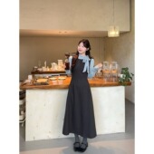 xs码 150小个子设计感飘带磨毛长袖 上衣毛呢背心收腰连衣裙套装 女