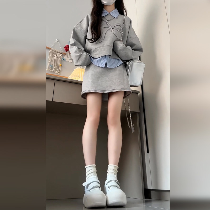 小矮个子韩系穿搭150长袖polo领条纹拼接假两件卫衣高腰短裙xs女