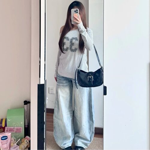 小个子复古刺绣弯刀阔腿牛仔裤150cm低腰宽松直筒显瘦拖地长裤女