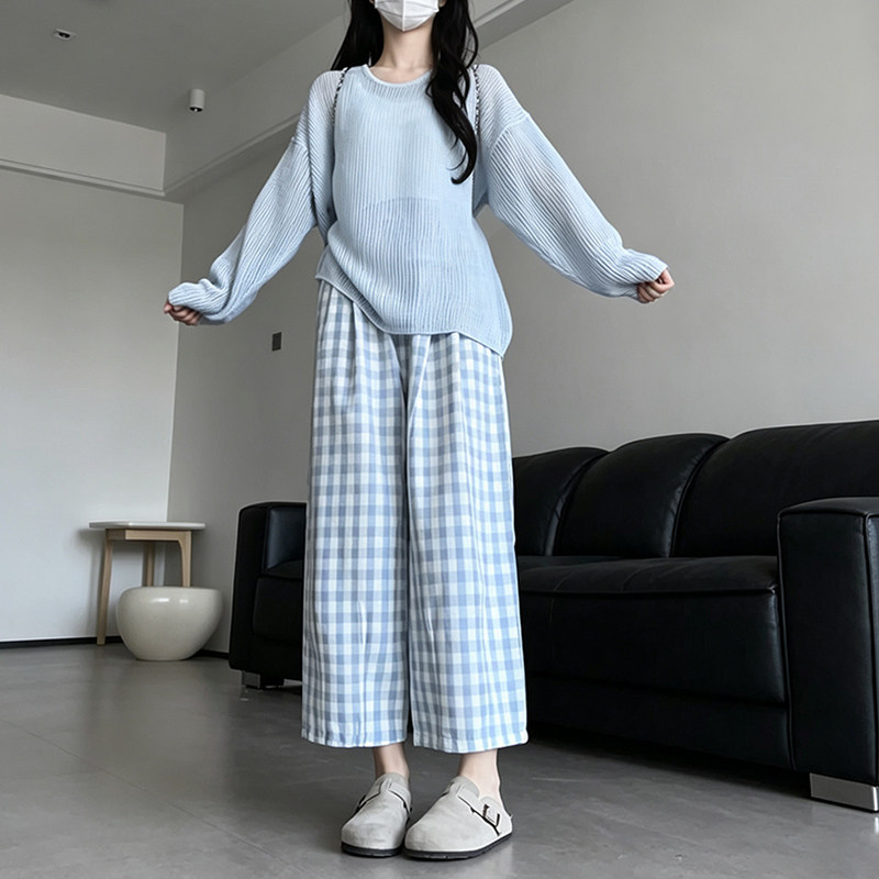 小矮个子蓝色格子云朵裤七分八分显瘦薄款150cm凉凉阔腿哈伦裤女