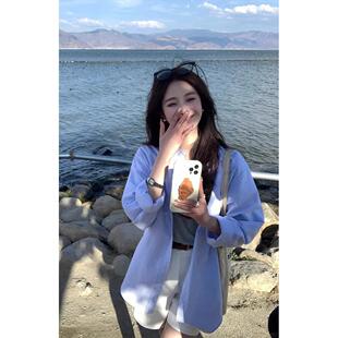 蓝色条纹防晒衬衫外套女150cm小个子衬衣设计感宽松韩系上衣xs码