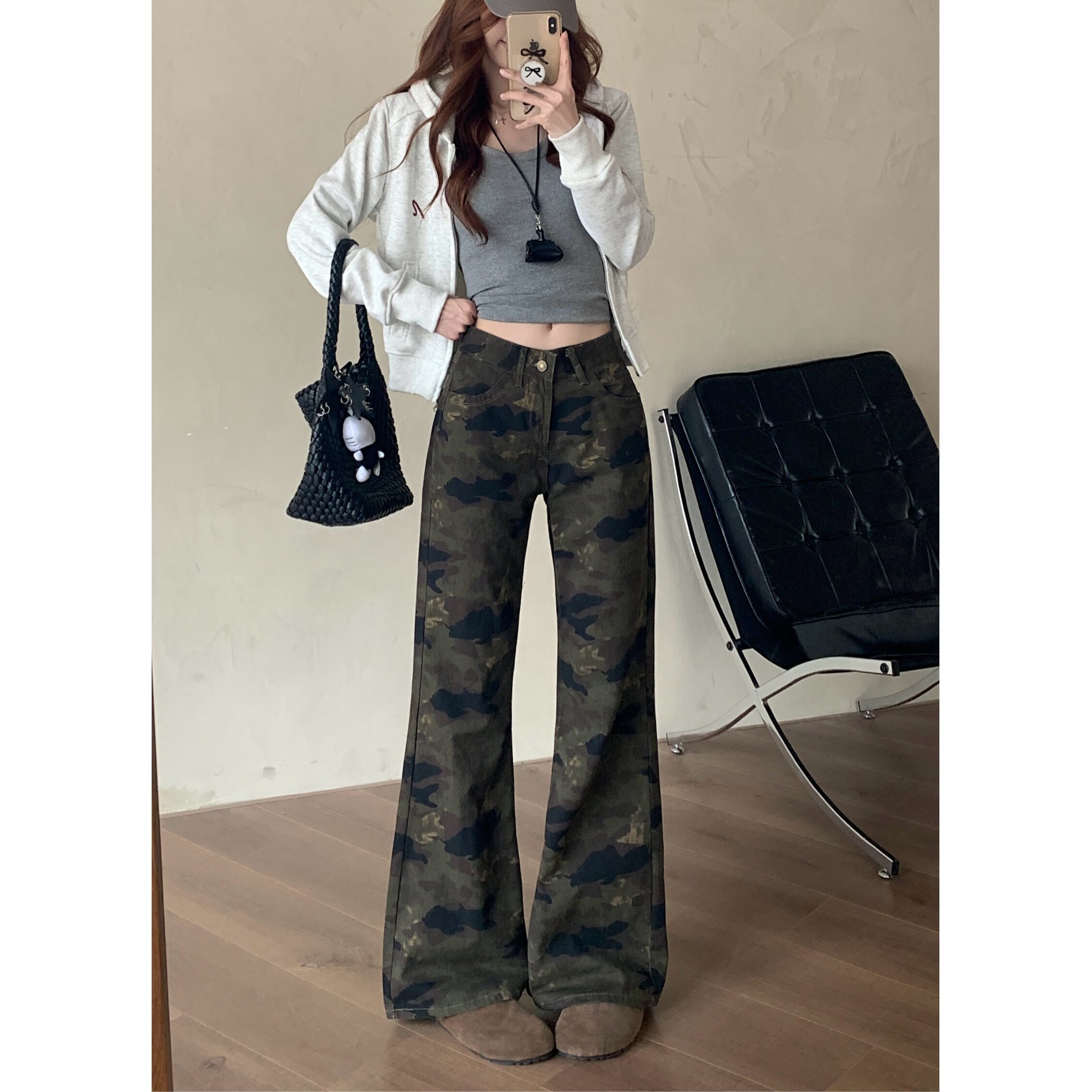 小个子迷彩阔腿微喇牛仔裤显高百搭145低腰显瘦宽松直筒喇叭长裤