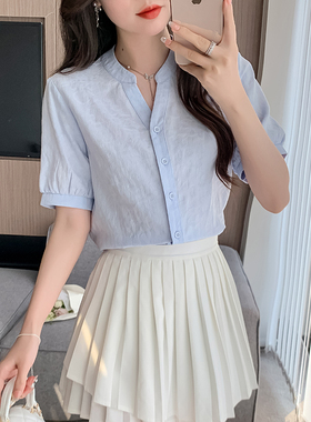 夏季新款矮小个子提花纯棉衬衫150CM洋气百搭短袖v领上衣夏女XS码