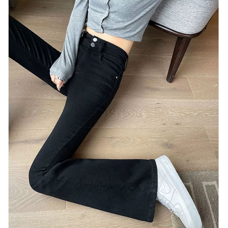 小个子黑色微喇牛仔裤显瘦百搭145高腰显瘦小众设计感修身喇叭裤