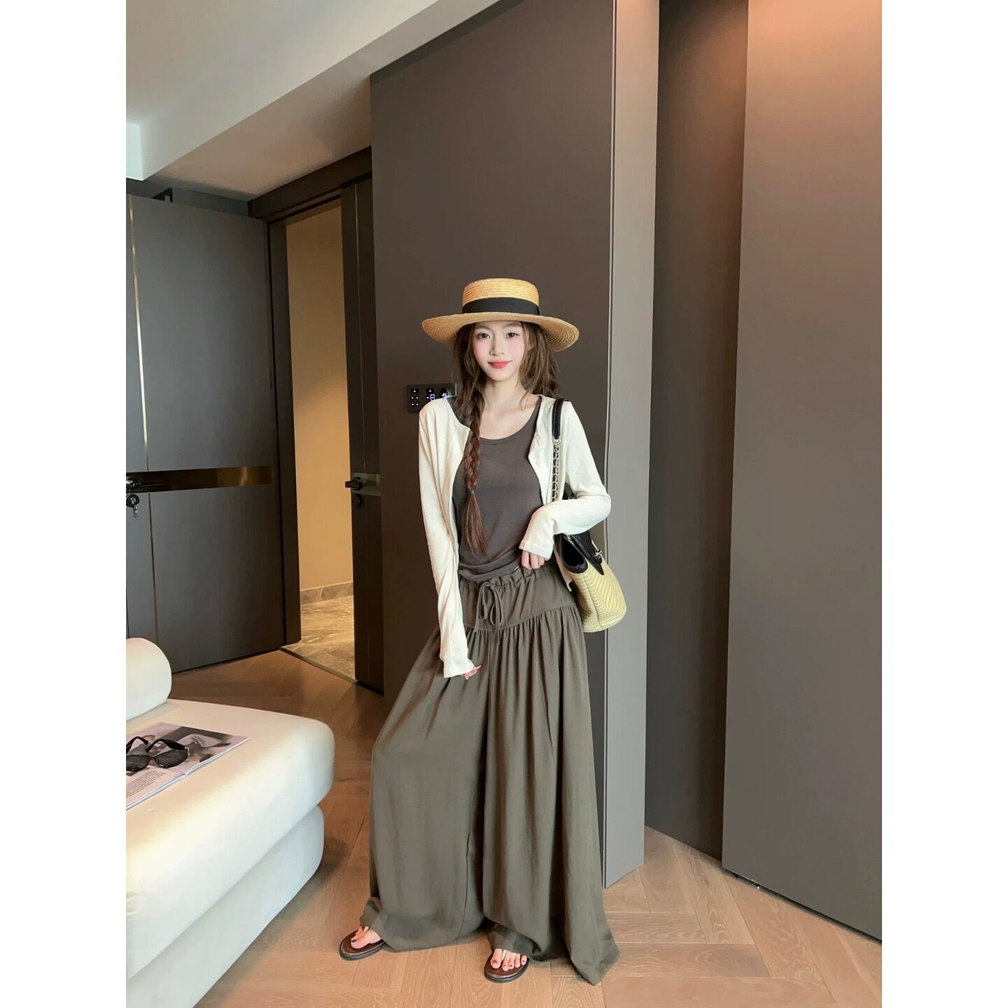 小个子145cm慵懒风针织开衫+吊带背心+休闲高腰阔腿裤三件套女XS